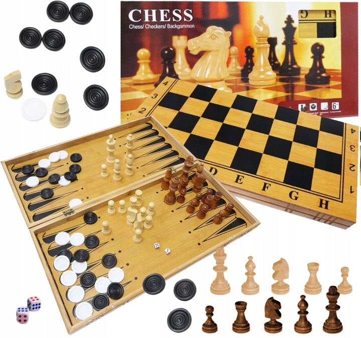 GRA W SZACHY WARCABY TRYKTRAK DUŻE DREWNIANE 3w1 PREZENT POD CHOINKĘ ŚWIĘTA