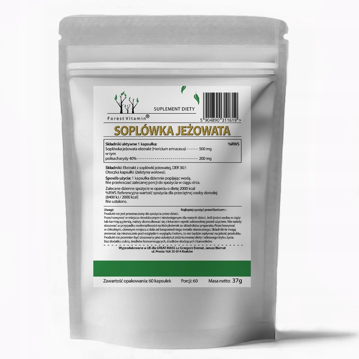 Soplówka Jeżowata 500mg 60kap LION'S MANE PAMIĘĆ MÓZG KONCENTRACJA