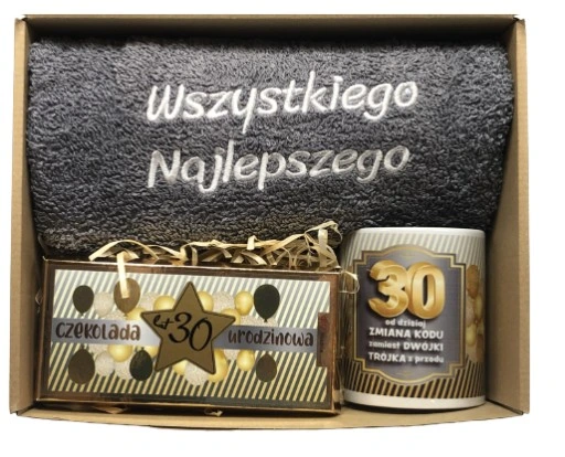 PREZENT NA URODZINY 18-70 Zestaw Kosz Prezentowy Ręcznik Kubek Czekolada