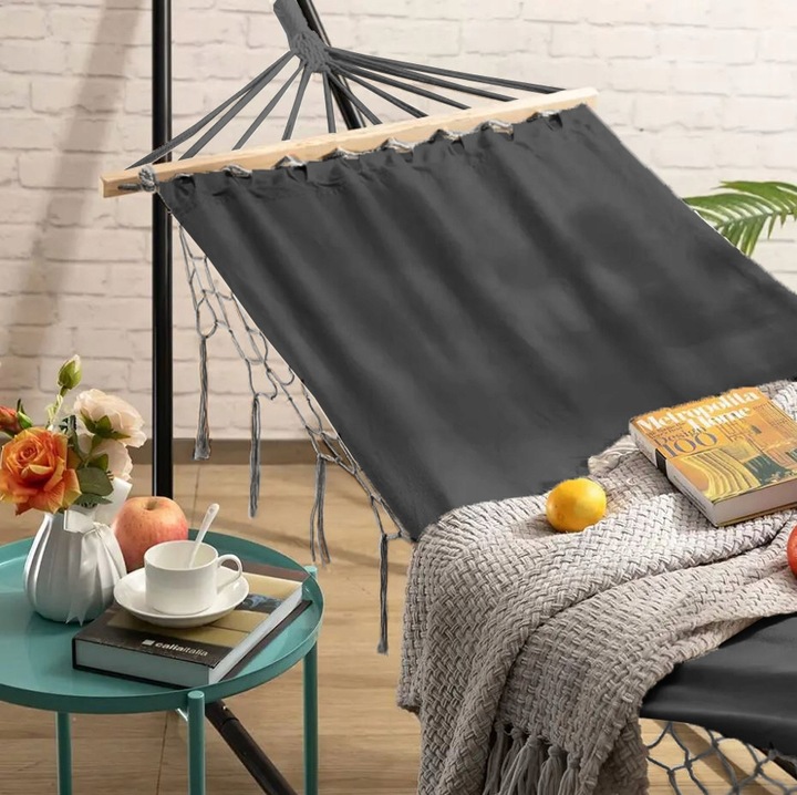 HAMAK OGRODOWY BOHO MAKRAMOWY DRĄŻEK PAŁĄK JEDNOOSOBOWY POKROWIEC GRAFIT