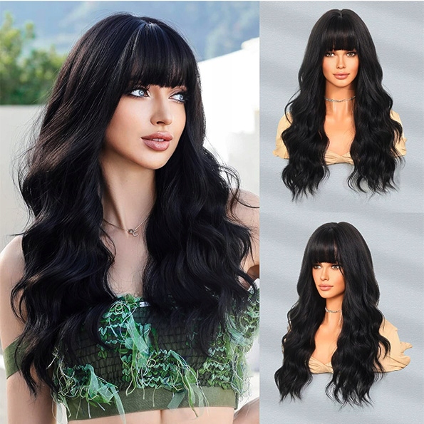 PERUKA DAMSKA WŁOSY DŁUGIE CZARNE FALE SZTUCZNE SYNTETYCZNE 65 CM Z GRZYWKĄ