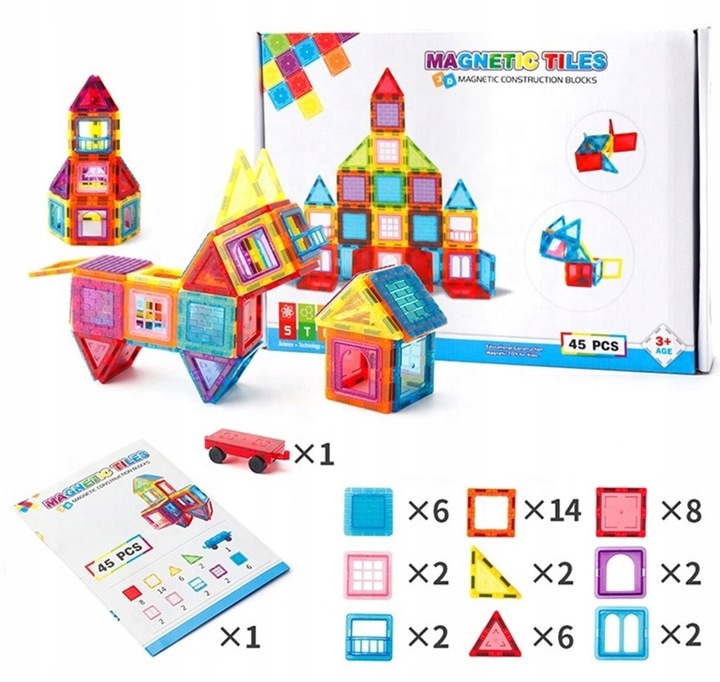 KLOCKI MAGNETYCZNE 3D Układanka Edukacyjna 45 elementów