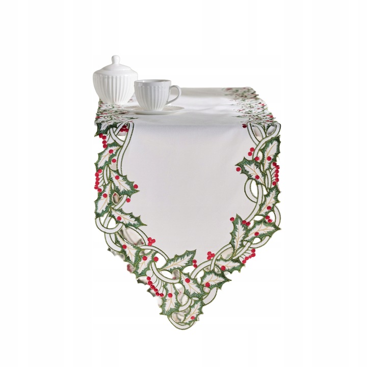 Biały BIEŻNIK ŚWIĄTECZNY haftowany bieżnik NA STÓŁ ŁAWĘ ostrokrzew home&you