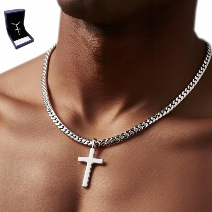 Srebrny ŁAŃCUSZEK Z KRZYŻYKIEM Krzyż Łańcuch Naszyjnik WŁOSKI + GRATIS