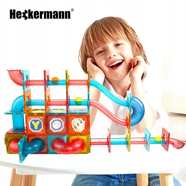 KLOCKI MAGNETYCZNE EDUKACYJNE DUŻE PŁYTKI TOR KULKOWY ZESTAW 76 ELEMENTÓW