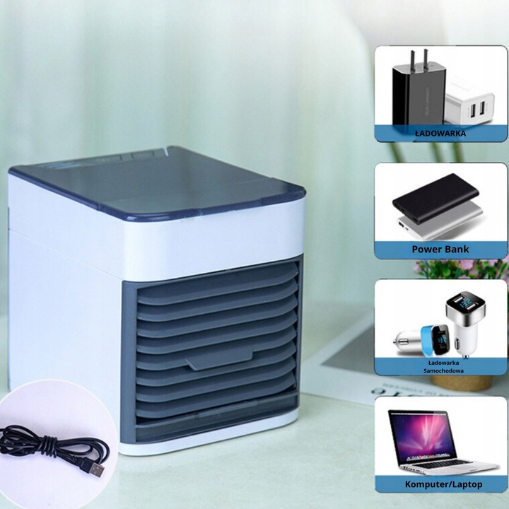 PRZENOŚNY MAŁY KLIMATYZER USB NA WODĘ i LÓD 3W1 KLIMATOR DO DOMU WENTYLATOR