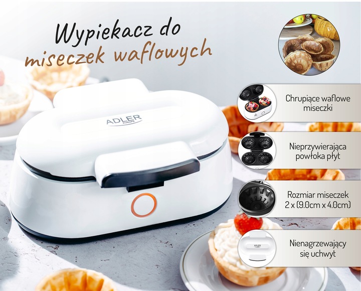 Wypiekacz do miseczek waflowych Adler AD3062 1400W Nieprzywierająca powłoka