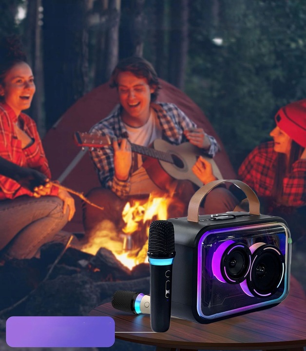 MASZYNA GŁOŚNIK KARAOKE Z 2 MIKROFONY BEZPRZEWODOWE BLUETOOTH LED KOLOROWA