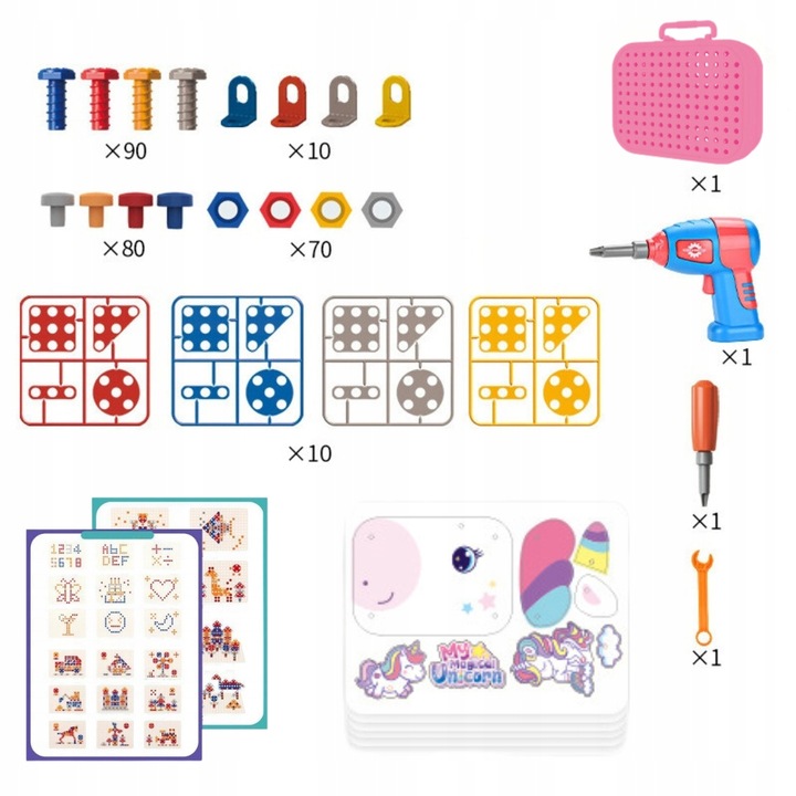 KLOCKI 3D JEDNOROŻEC Konstrukcyjne wkrętarka walizka układanka + BATERIE