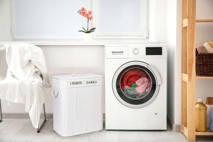 KOSZ BAMBUSOWY NA PRANIE BIELIZNĘ DWUKOMOROWY POJEMNIK Z PODZIAŁEM 100L