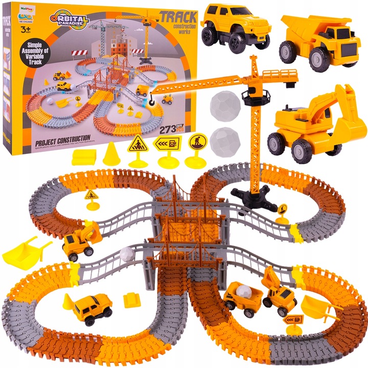 KOLEJKA TOR SAMOCHODOWY ELASTYCZNY 273 ELEMENTY AUTA DŹWIG DLA DZIECI