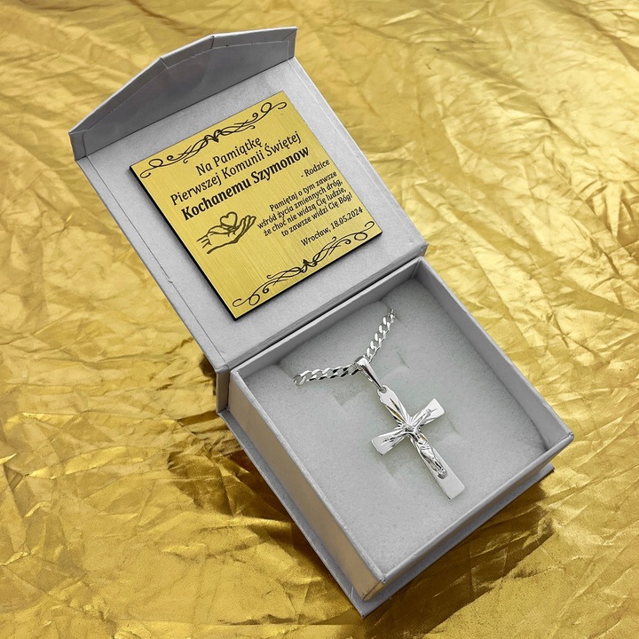 SREBRNY ŁAŃCUSZEK KOMUNIJNY + DUŻY KRZYŻYK JEZUS 925 / DLA CHŁOPCA + GRAWER