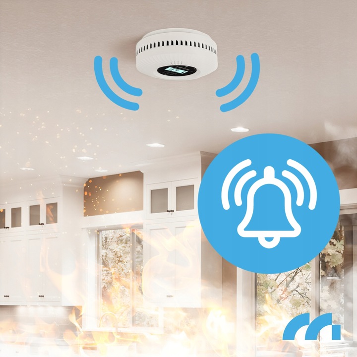 CZUJNIK CZADU I DYMU DETEKTOR TLENKU WĘGLA CERTYFIKOWANY ALARM 2w1 LCD