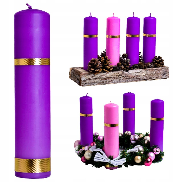ŚWIECE ADWENTOWE ZESTAW ŚWIEC ADWENTOWYCH komplet do 3x fiolet 1x róż 22 cm