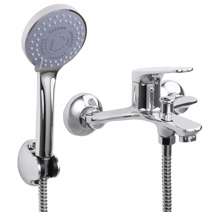 Bateria wannowa ścienna z prysznicem i wężem chrom srebrna kran YOKA HOME