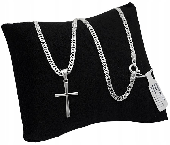 Łańcuszek Srebrny Rombo Pełny Diamentowany z Krzyżykiem 925 Grawer Gratis