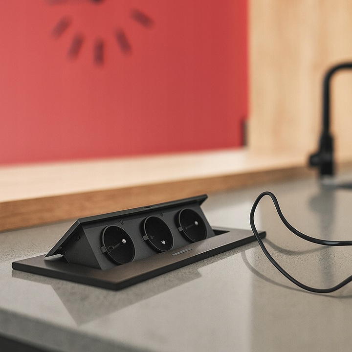 GNIAZDO ELEKTRYCZNE POTRÓJNE CHOWANE W BLAT NABLATOWE GNIAZDKO CZARNE