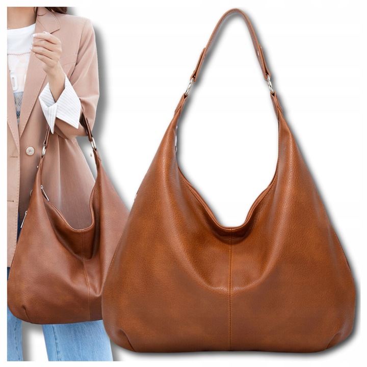 Damska Torebka Skórzana Brązowa Worek Pojemna A4 Duża Na Ramię Pasek Skóra