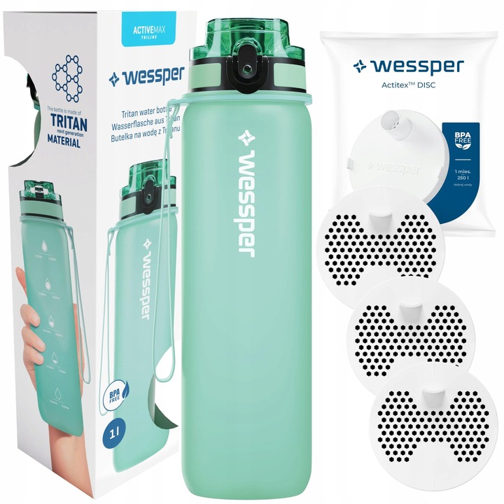 Wessper butelka filtrująca bidon na wodę 1000 ml BPA Free tritan + 3x filtr