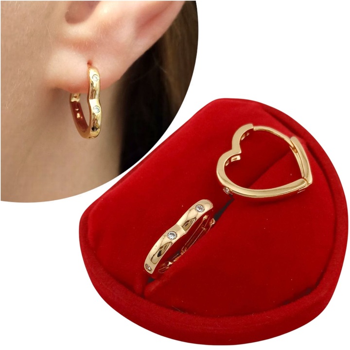 ZŁOTE KOLCZYKI SERDUSZKO Z CYRKONIAMI DLA KOBIETY WYJĄTKOWE POZŁACANE 18K