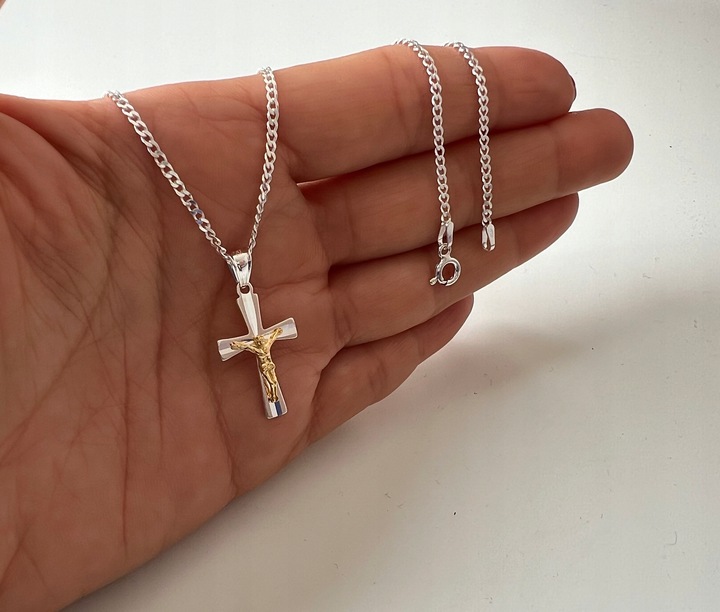Srebrny łańcuszek i krzyżyk zestaw komunijny 45 cm srebro pozłacany prezent
