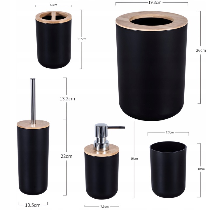 ZESTAW ŁAZIENKOWY 6 ELEMENTÓW AKCESORIA DO WC KOSZ DOZOWNIK CZARNY KOMPLET