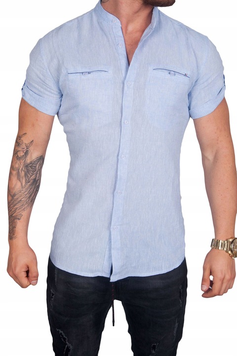 Koszula lniana kołnierzyk błękitna BG-1 rozm. 3XL