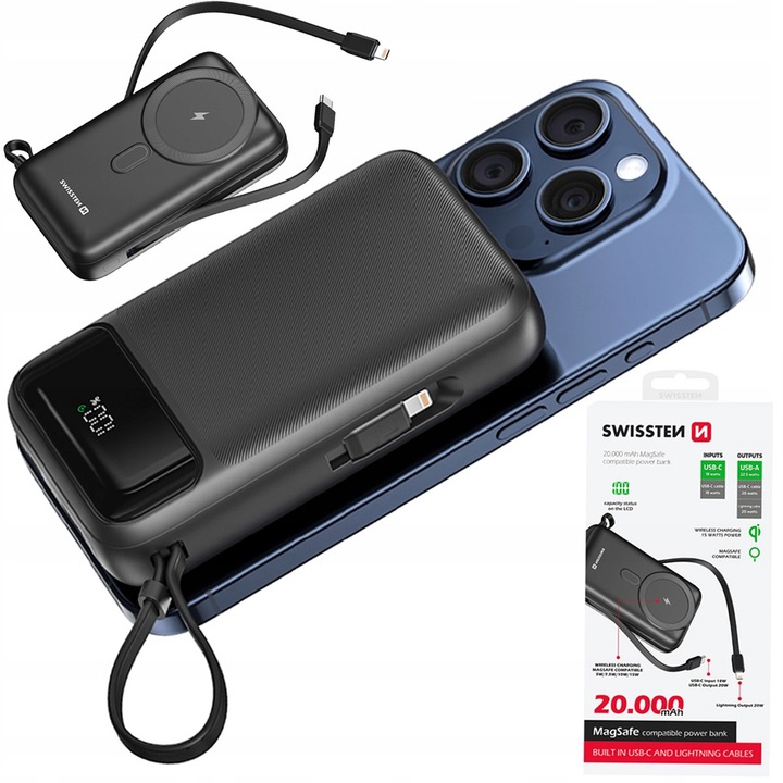 POWERBANK SWISSTEN 20000 mAh Qi PD 20W bezprzewodowe+ KABLE USB-C LIGHTNING