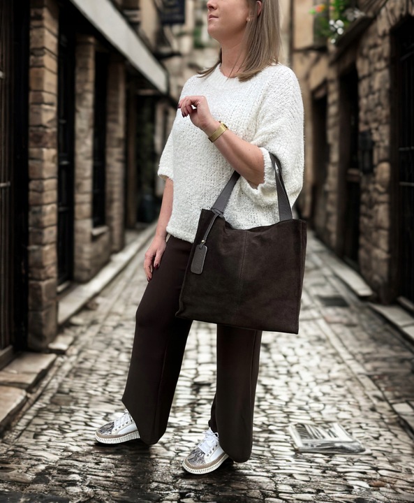 Czekoladowa zamszowa torebka shopper brązowa ZAMSZ NATURALNY Vera Pelle