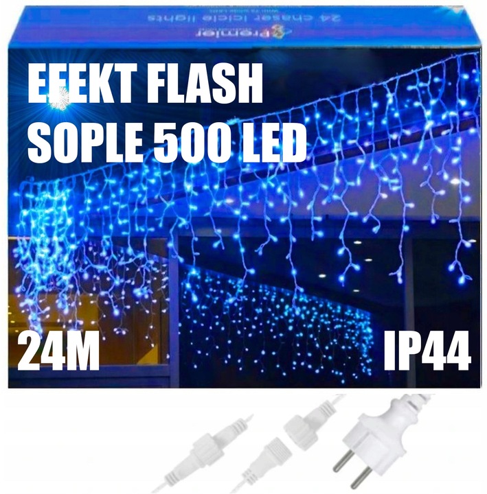 SOPLE 500 LED KURTYNA LAMPKI ZEWNĘTRZNE IP44 NIEBIESKIE + ZIMNY FLASH 24M