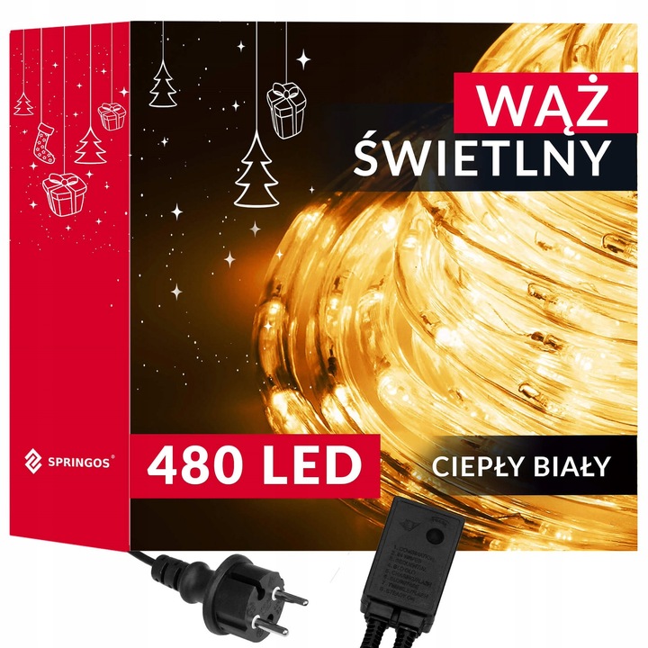 WĄŻ ŚWIETLNY ZEWNĘTRZNY 480 LED LAMPKI CHOINKOWE IP44 20m PROGRAMATOR BIAŁE
