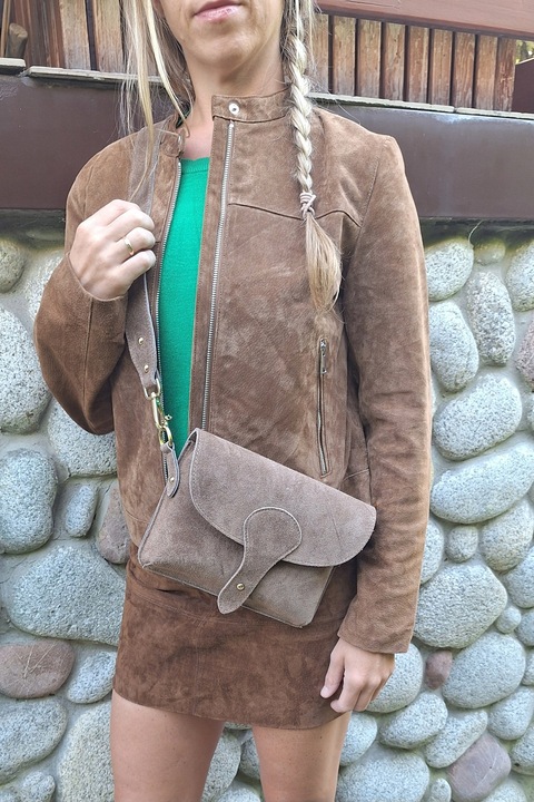 Zamszowa Torebka włoska MOKKA nerka listonoszka MAXI DUŻA WERSJA Pelle