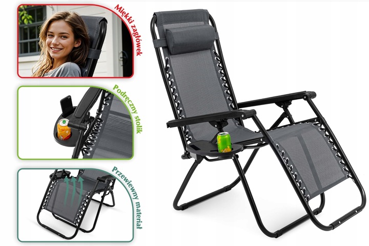 LEŻAK OGRODOWY Z PODNÓŻKIEM OGRODOWY PLAŻOWY AUTOMAT ZERO GRAVITY PÓŁKA