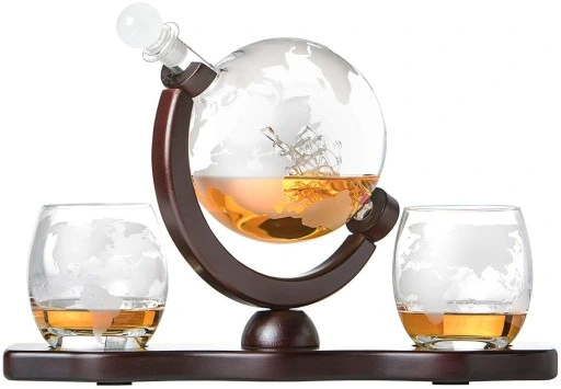 KARAFKA + SZKLANKI DO WHISKY STATEK GLOBUS GRAWER