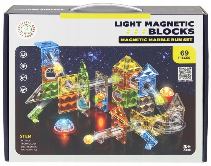 Klocki Magnetyczne Konstrukcyjne Świecące Tor Kulkowy Kulodrom Panele 69 el