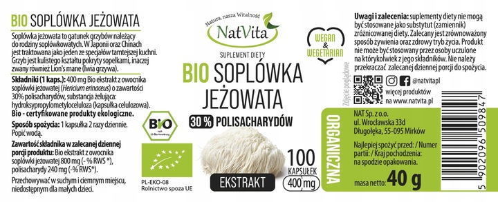 Soplówka Jeżowata BIO Ekstrakt Pamięć Stres Ekologiczna 100 Kaps NatVita