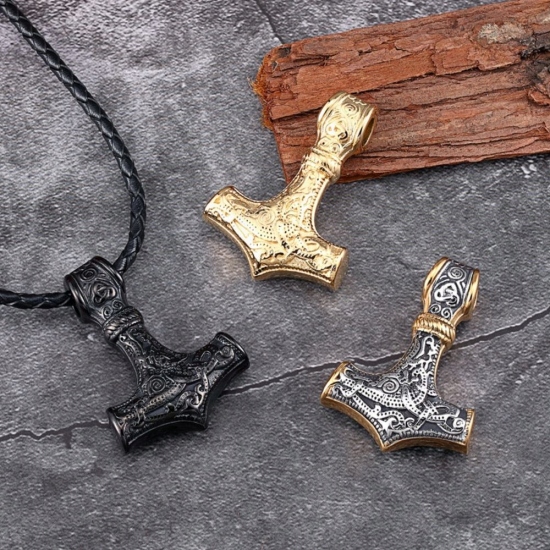 Naszyjnik Nordycki Młot Thora symbol Valknut + Rzemyk