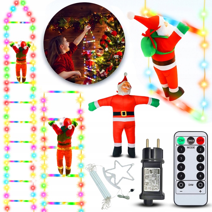 ŚWIĄTECZNA DEKORACJA LED MIKOŁAJ WSPINAJĄCY SIĘ PO DRABINIE ŚWIECĄCY 330cm