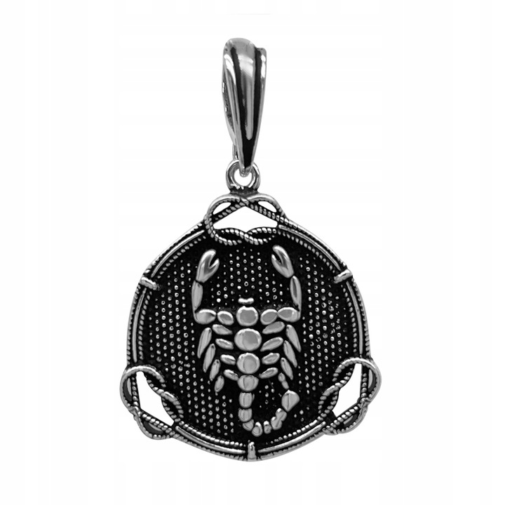 Zawieszka okrągła Srebrna Oksydowana Wisiorek SKORPION srebro pr. 925