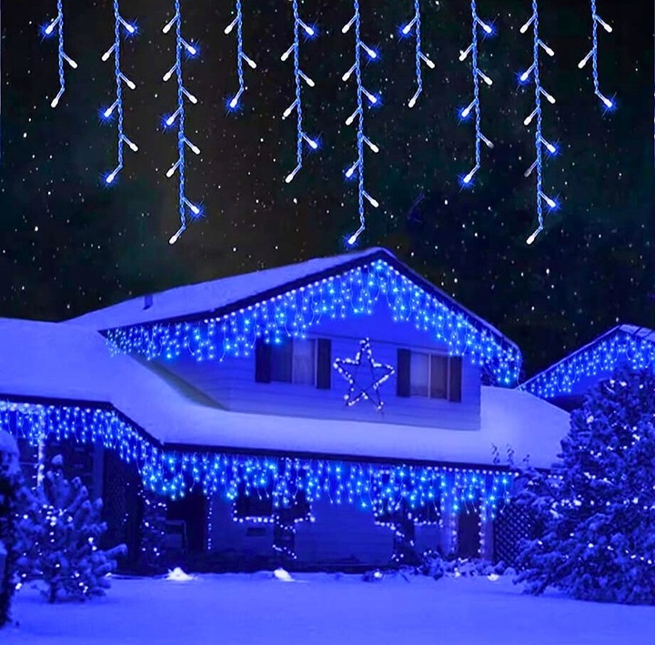 SOPLE 500 LED KURTYNA LAMPKI ZEWNĘTRZNE IP44 NIEBIESKIE + ZIMNY FLASH 24M