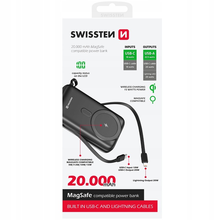 POWERBANK SWISSTEN 20000 mAh Qi PD 20W bezprzewodowe+ KABLE USB-C LIGHTNING