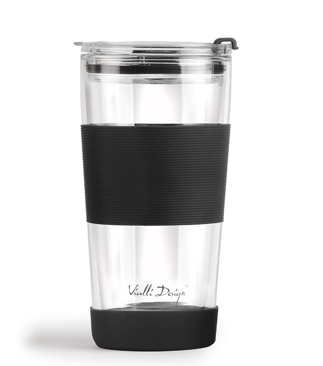 Szklany kubek do kawy ze słomką Vialli Design FUORI 600ml 30374 (czarny)