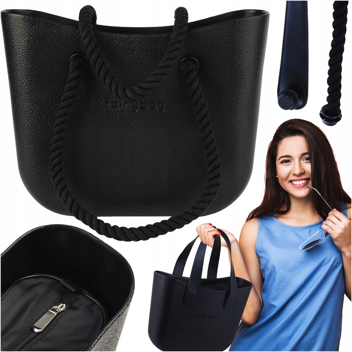 TOREBKA DAMSKA TORBA NA RAMIĘ GUMOWA JELLYBAG 2 ZESTAWY RĄCZEK CZARNA
