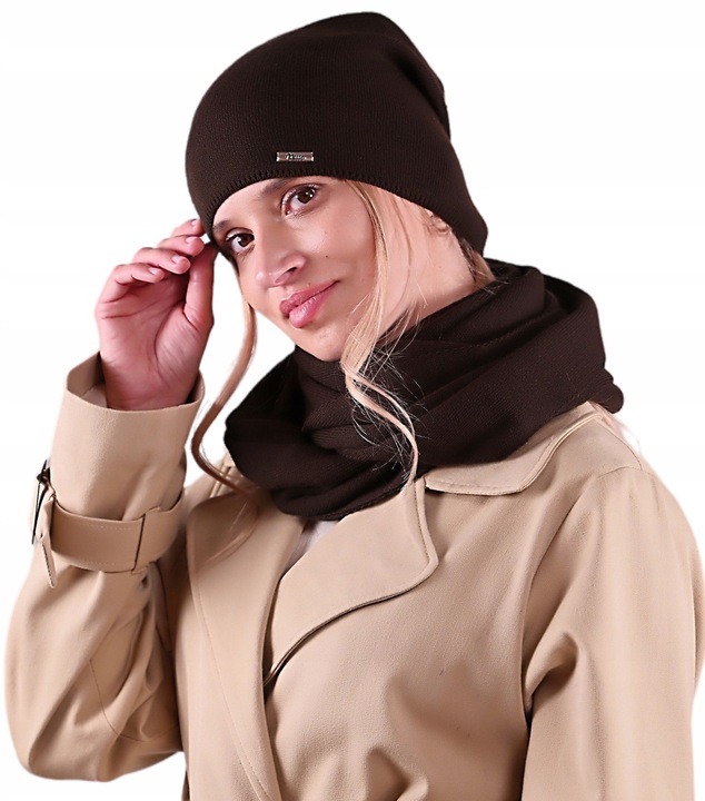 CZAPKA damska przejściowa jesienna gładka Polska modny BRAZ czekolada