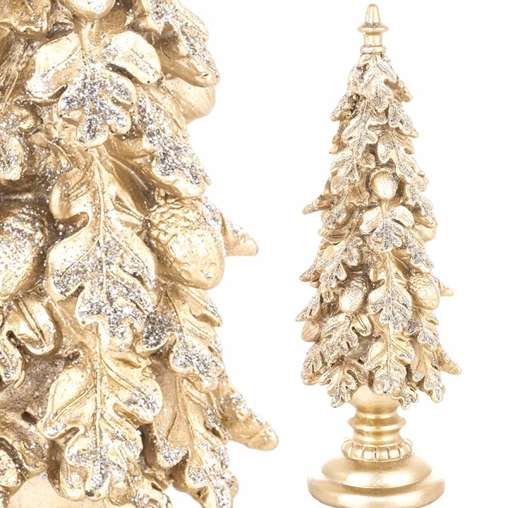 Choinka złota liście dębu na postumencie wąska 25 cm figurka świąteczna