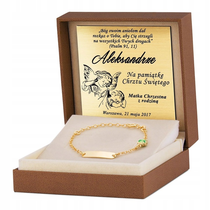 Bransoletka Srebrna 925 Złocona z Grawerem Koniczynka Prezent na Chrzest