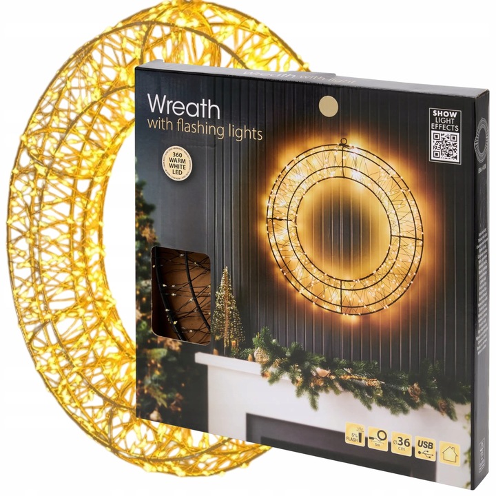 Dekoracja świetlna LED Ø 36 cm Wieniec Koło ledowe wianek świąteczny USB