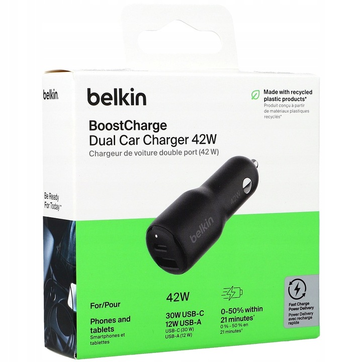 Belkin Ładowarka samochodowa - USB-C PD 3.0 3A PPS 30W + USB-A 12W, mała