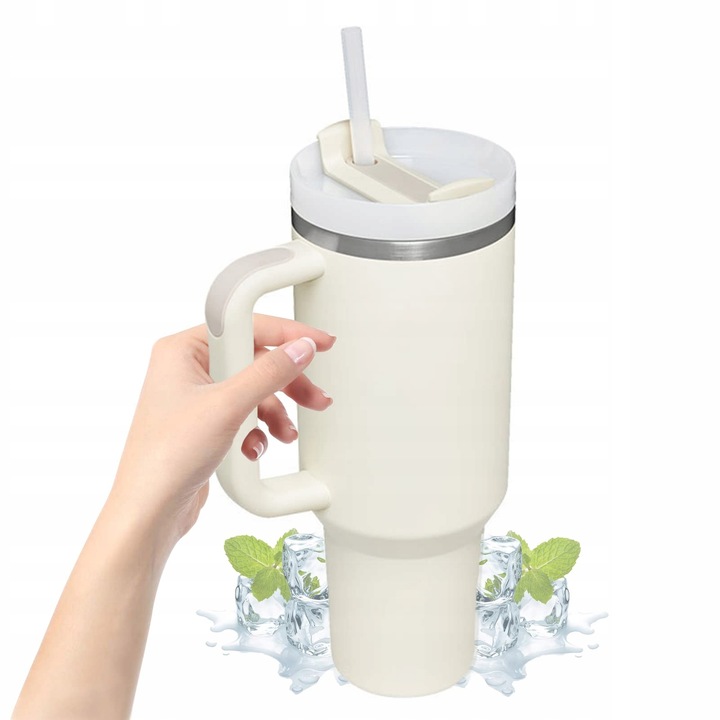 DUŻY KUBEK TERMICZNY ZE SŁOMKĄ DO SAMOCHODU PRZENOŚNY 1180ML BEŻOWY