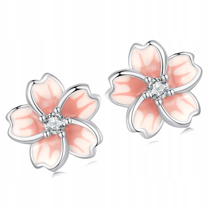 K519 Kwiaty wiśni srebrne emaliowane kolczyki sztyfty z kryształkami